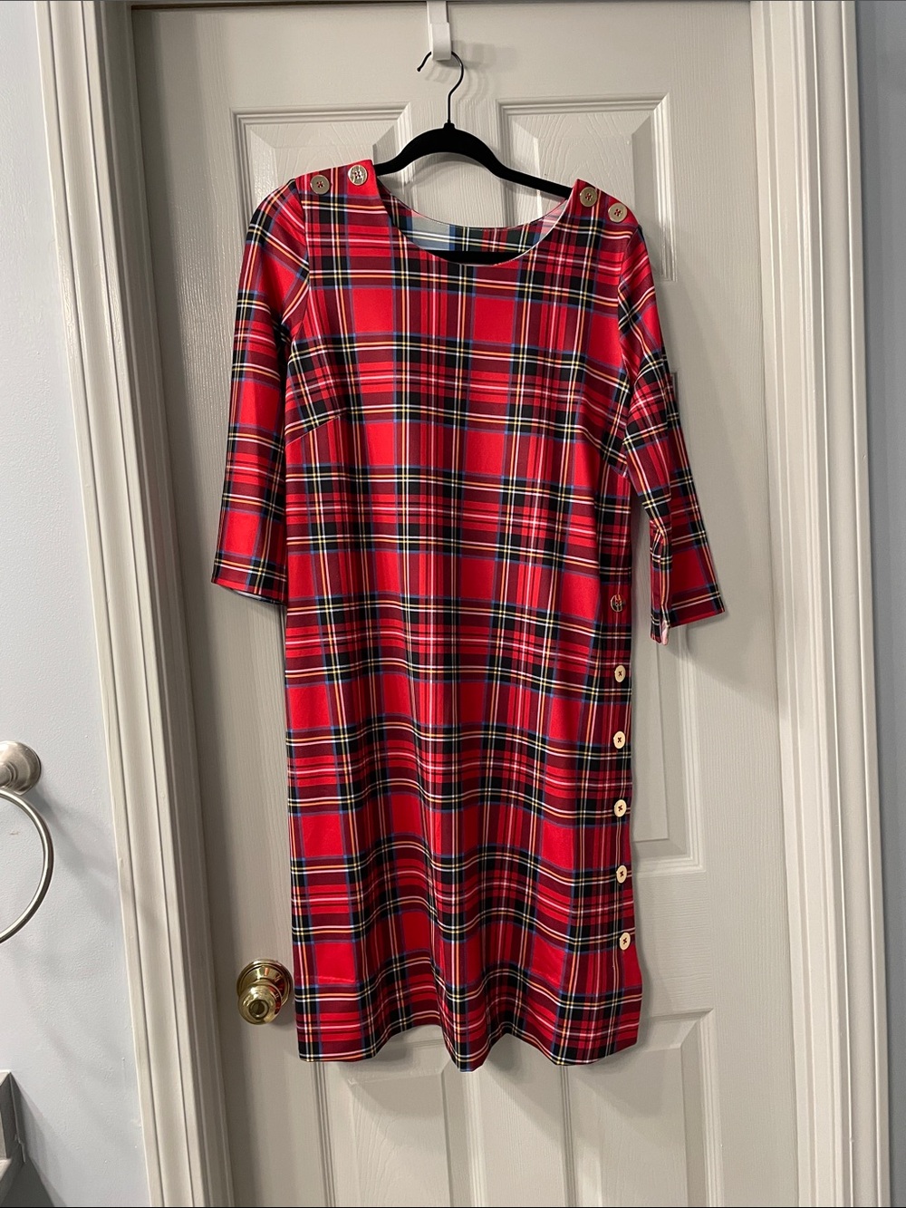 Gretchen Scott Designs Red Plaid Button-Trim Midi Dress